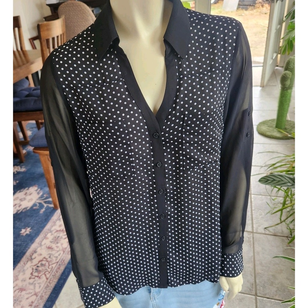 Express Portofino Shirt Womens S Black Sheer Polka Dot Dark Romantic Whimsygoth
